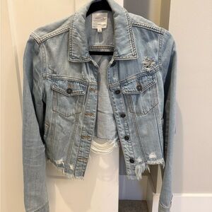 Blue Cropped Jean Jacket with Distressed Details